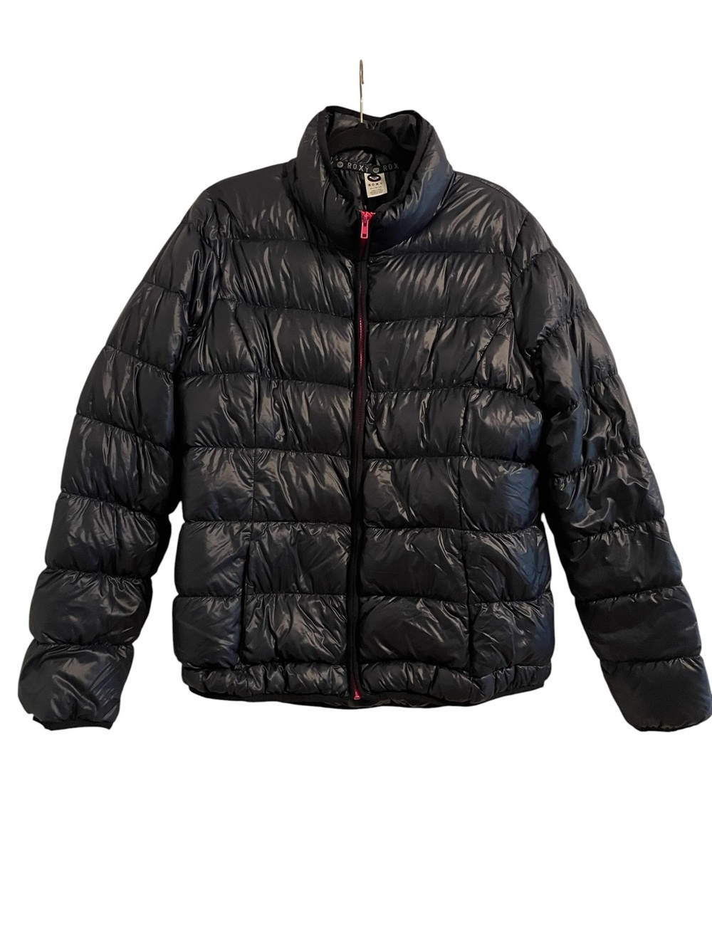 ROXY Charcoal Down Filled Pink Zipper Hoodless Puffer Jacket Size XL